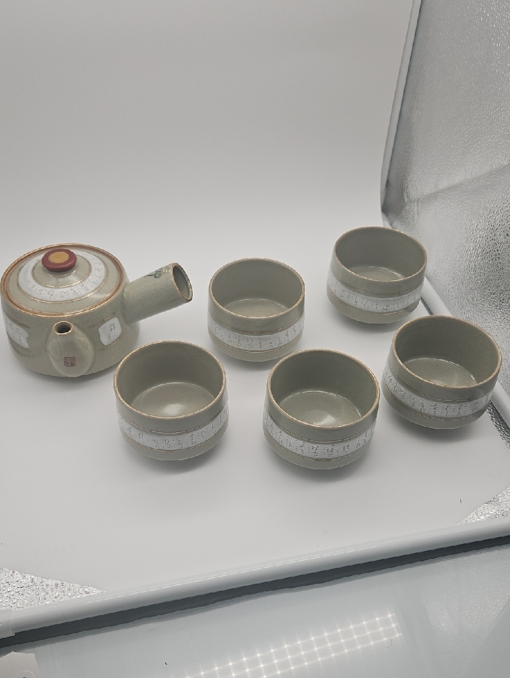 Ceramic Teapot and Five Cup Tea Set in Sage Green with White Banding